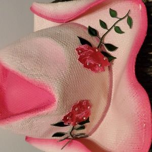 Rose and rhinestone hot pink straw cowboy hat